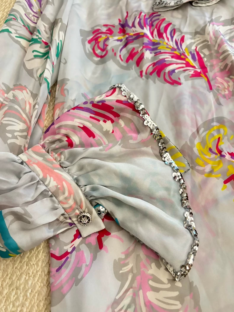 Chanel 25S Colorful Feather Silk Sequined Rhinestone Button top