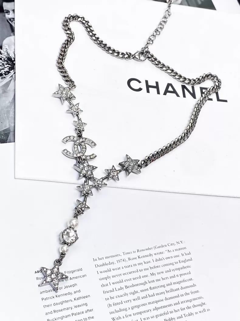 Chanel 21P silver star double C pearl long necklace