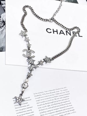 Chanel 21P silver star double C pearl long necklace