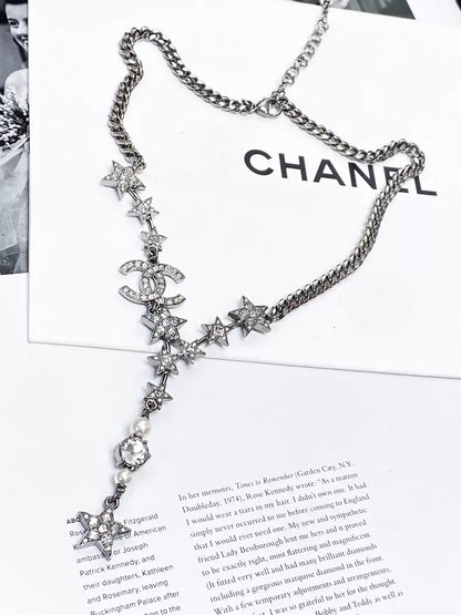Chanel 21P silver star double C pearl long necklace