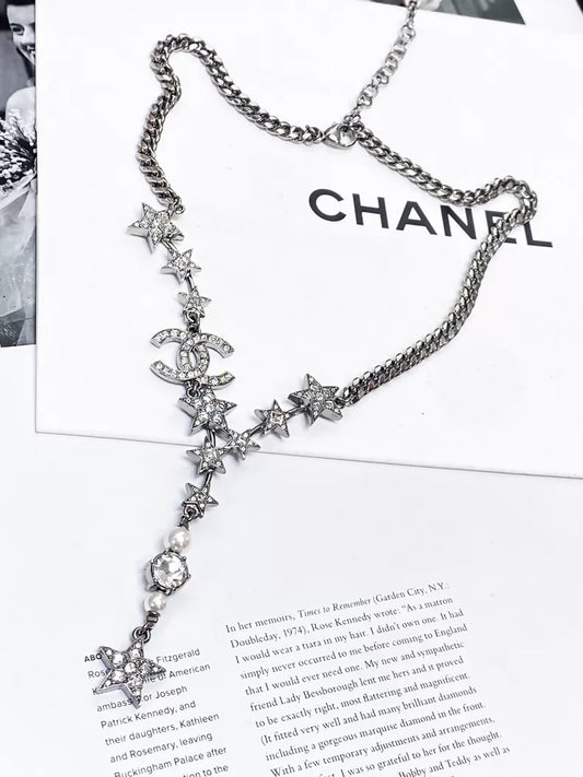 Chanel 21P silver star double C pearl long necklace
