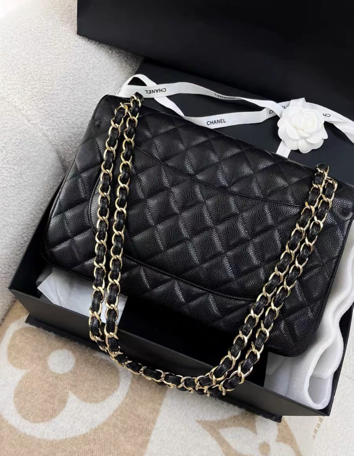 Chanel black lychee cowhide CF large jumbo chain bag