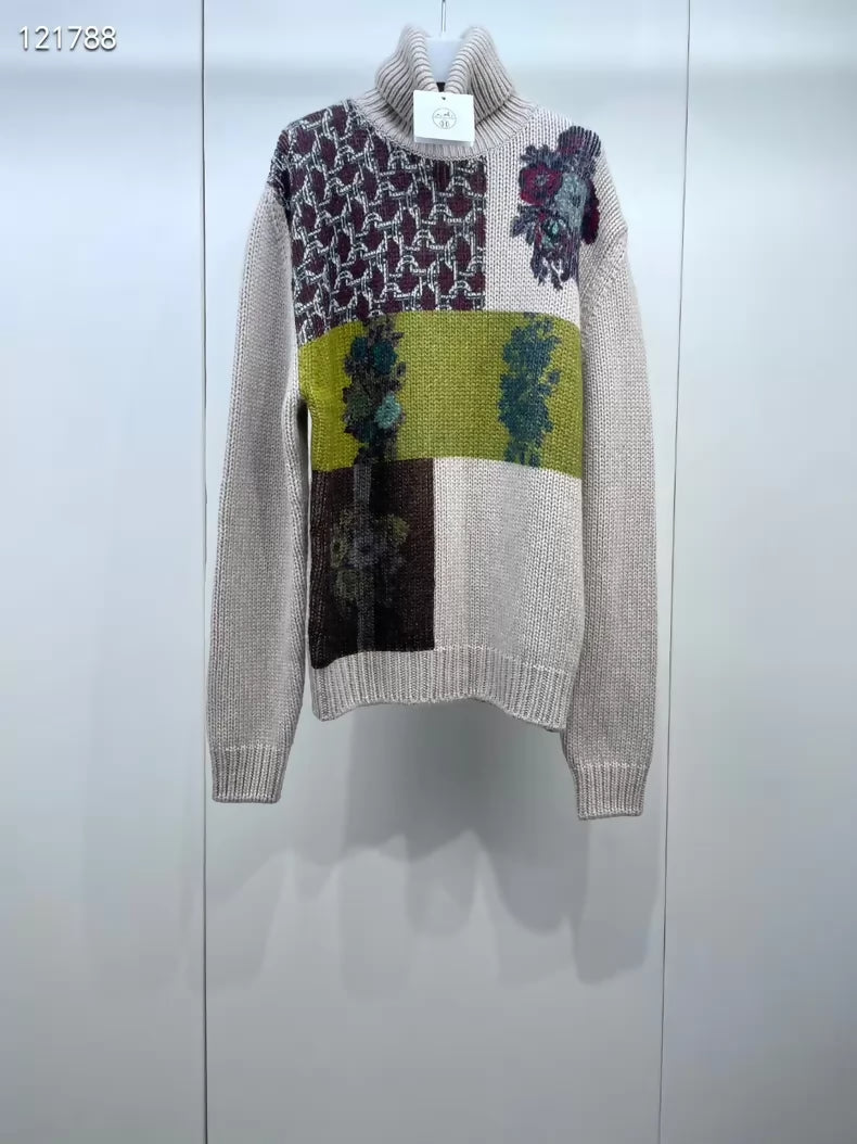 Hermes floral cashmere knit turtleneck Men's sweater