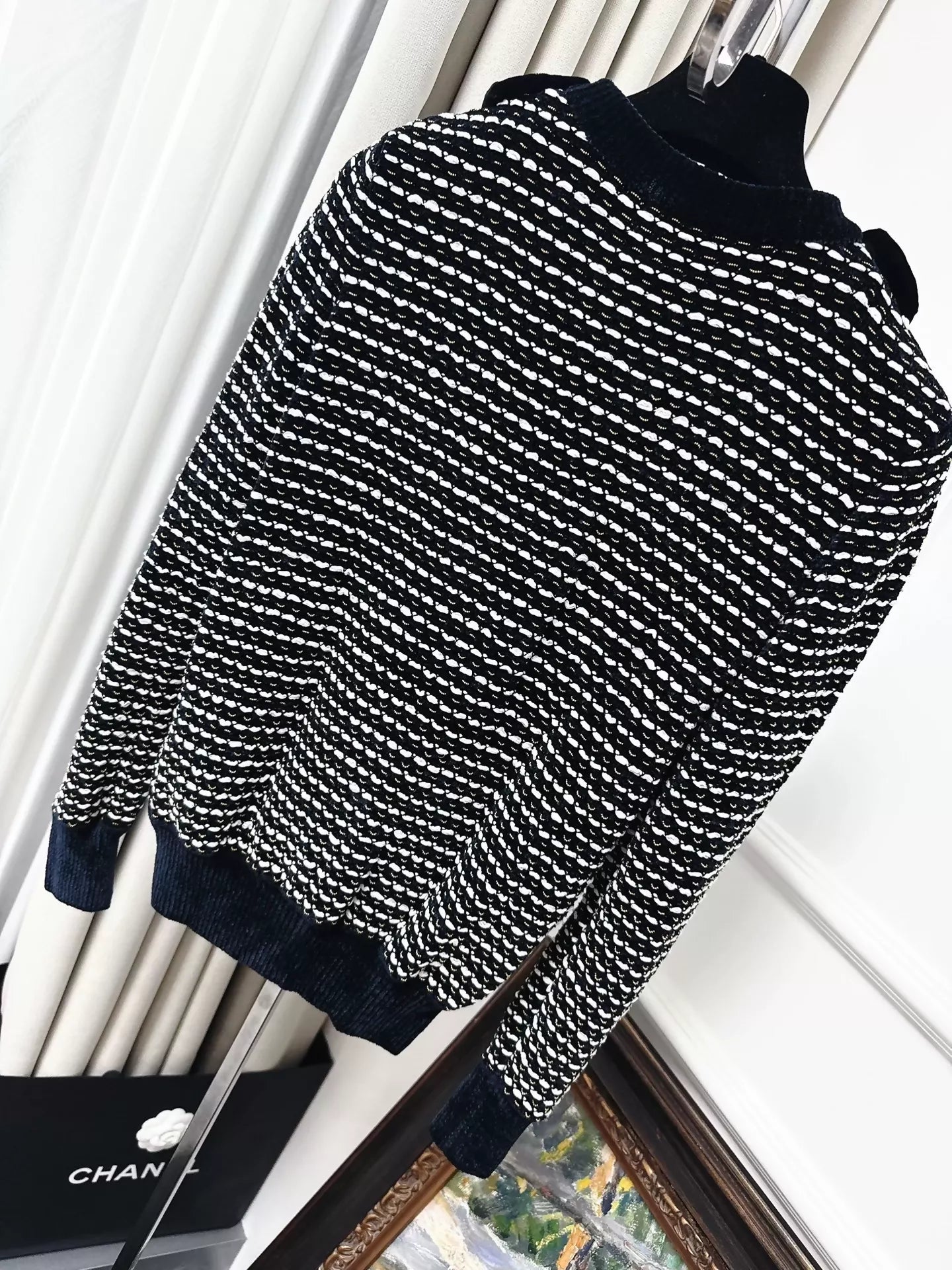 Chanel 20K Black and White Striped Velvet Sweater