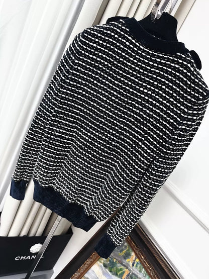 Chanel 20K Black and White Striped Velvet Sweater