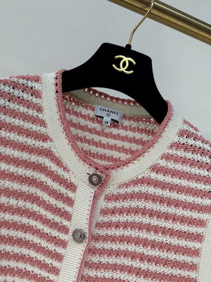 Chanel 22P Pink and White Striped Knit Cardigan