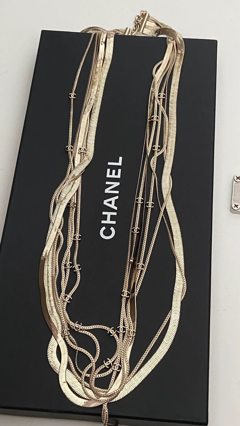 Chanel 24A light gold multi-layered snake chain necklace