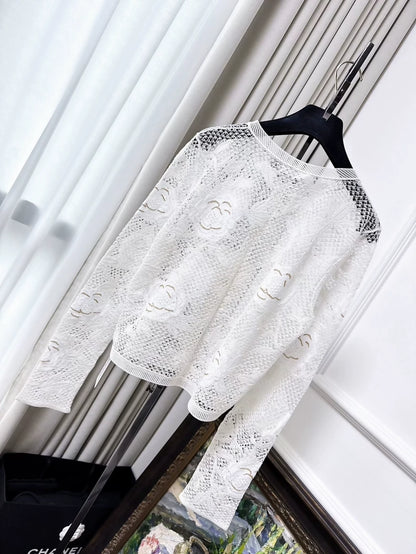 CHANEL 26C  White Openwork Knit Camellia Gold Thread Cardigan