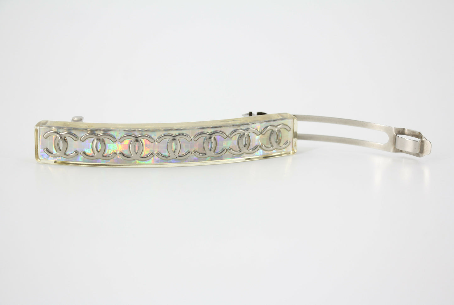 Chanel Vintage 97P Resin Iridescent Resin Seven Silver-Tone CC Logos Hair Clip