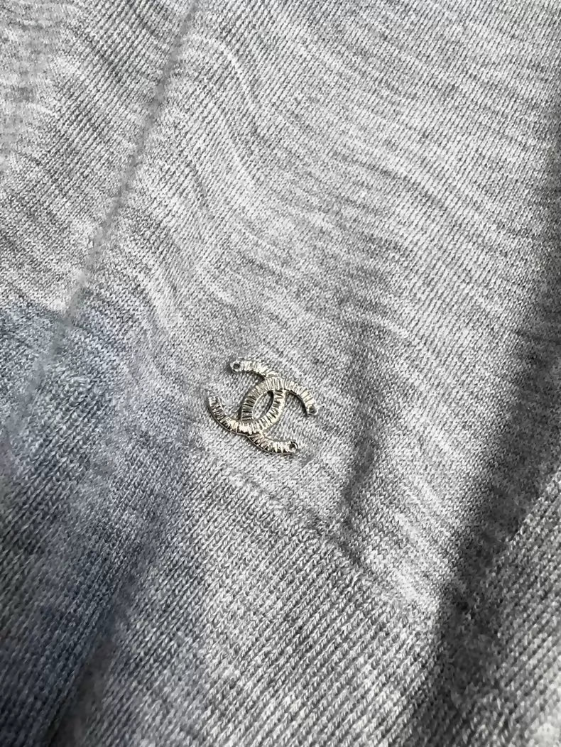 Chanel 22K grey turtleneck knit sweater with rhinestone and beaded floral print