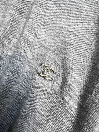 Chanel 22K grey turtleneck knit sweater with rhinestone and beaded floral print