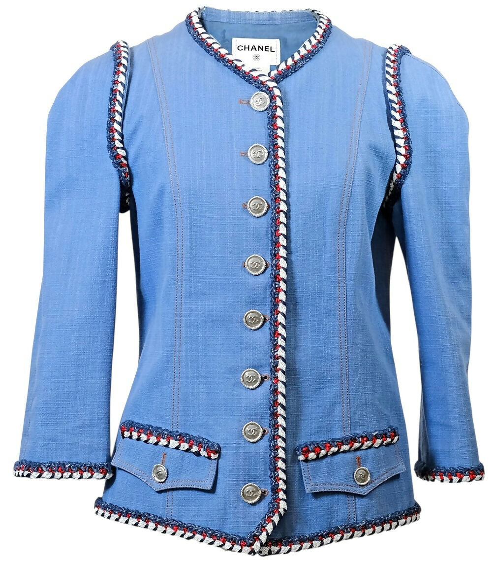 Chanel 13C Paris-Versailles Runway Blue Denim Braided Trim Jacket FR 38