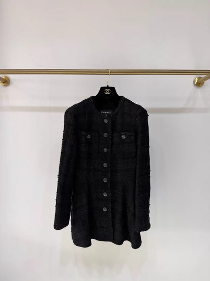 Chanel 23S Black Tweed Long Coat