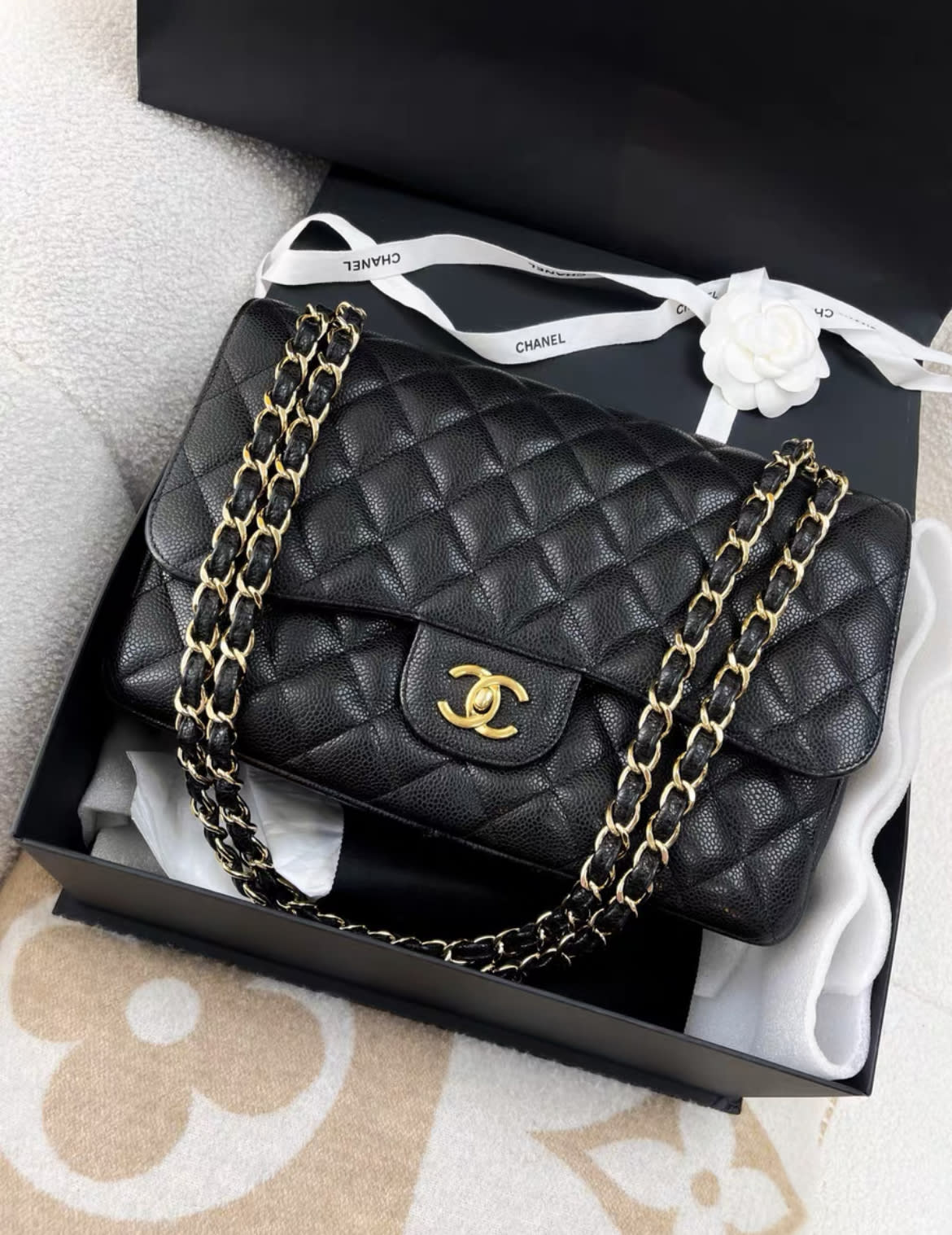 Chanel black lychee leather CF large jumbo chain bag