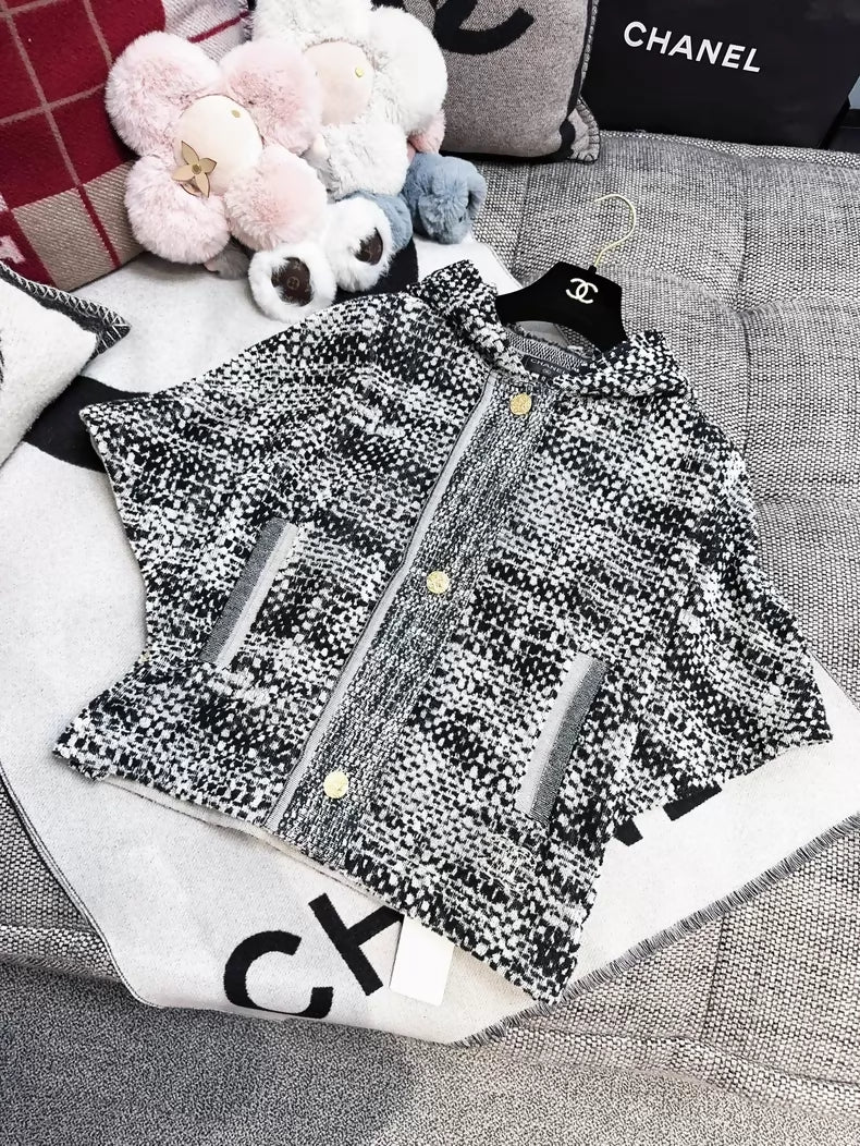 Chanel black and white check knit hooded jacket with gold buttons