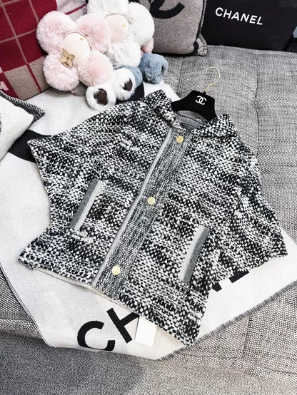 Chanel black and white check knit hooded jacket with gold buttons