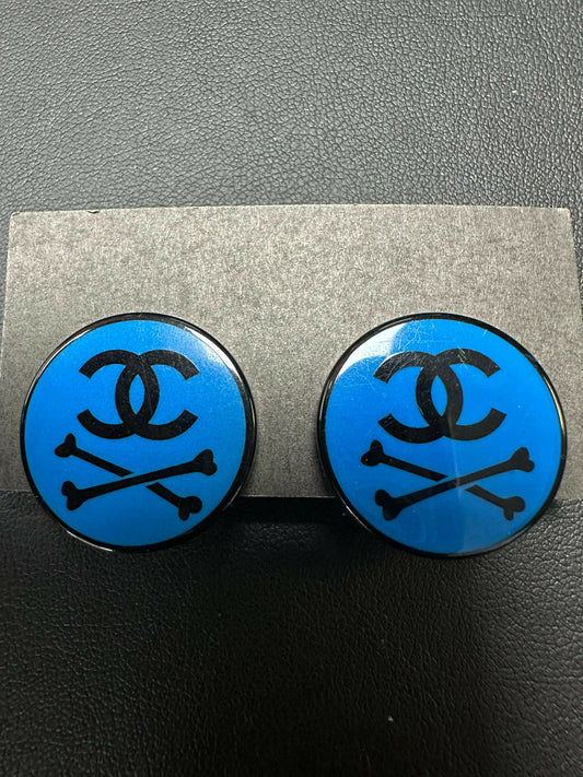 Chanel Vintage 03P Deep Blue Resin Skull Clip-on Earrings