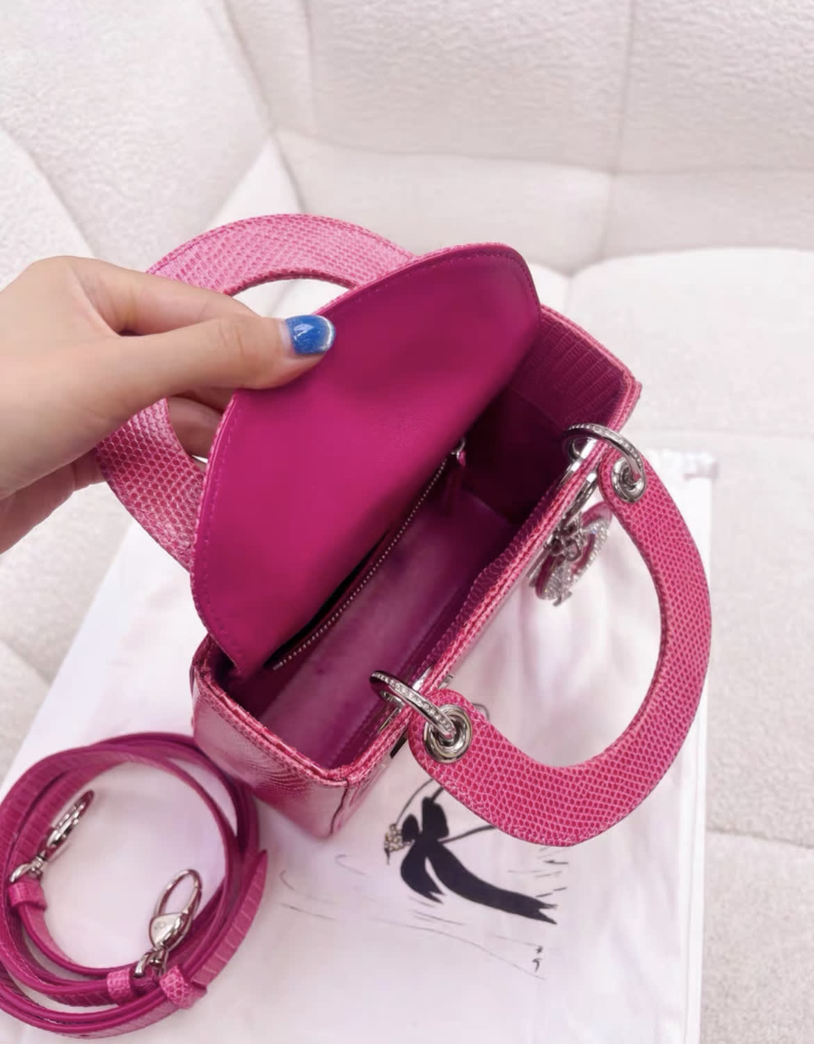 Christian Dior Lady Dior Bag Pink Lizard with Crystal Charms Mini