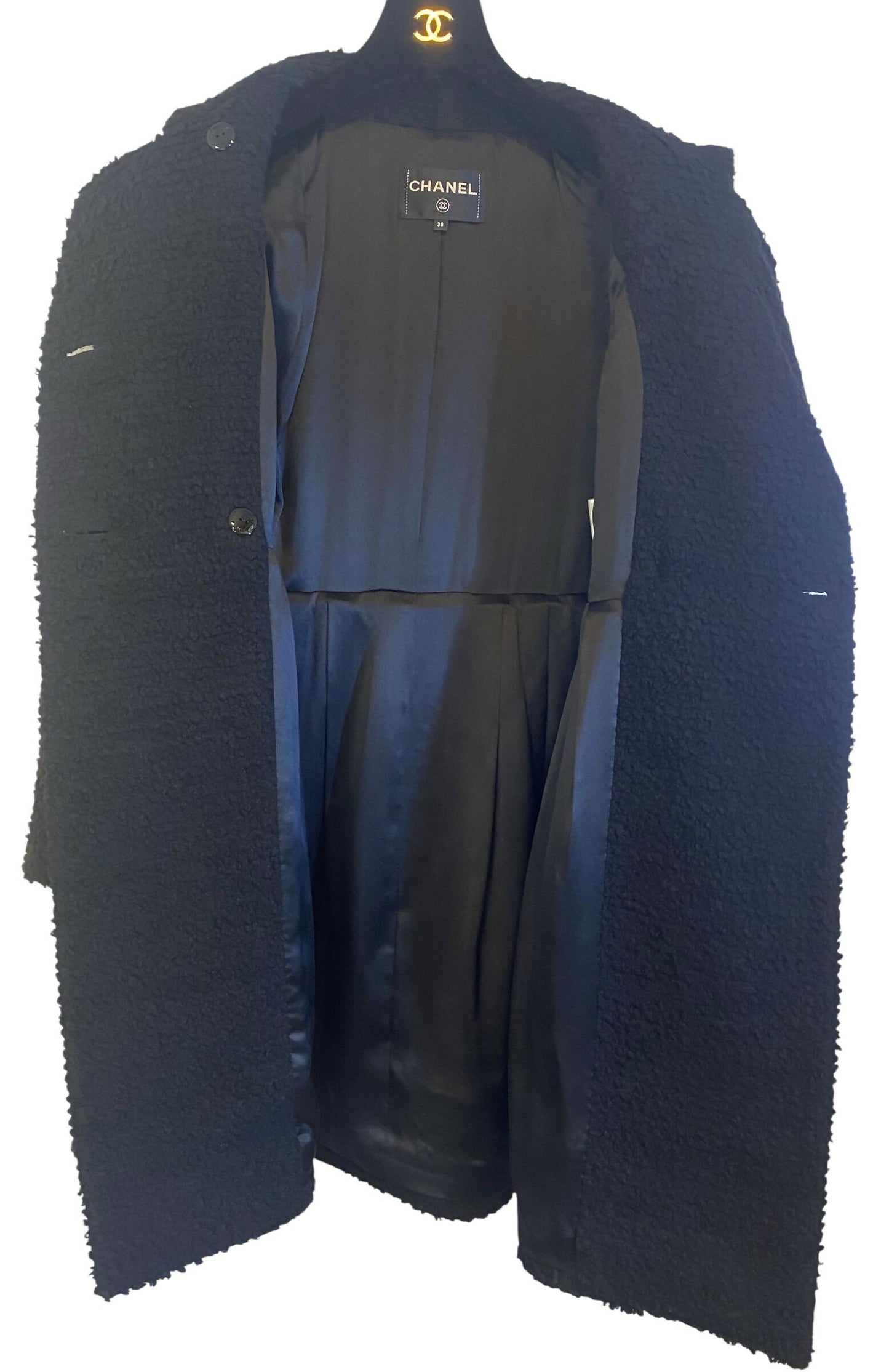 Chanel 17A Space Station Black Boucle Wool Double Breast Long Wool Coat FR 38