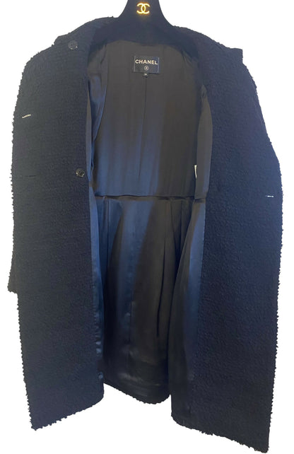 Chanel 17A Space Station Black Boucle Wool Double Breast Long Wool Coat FR 38