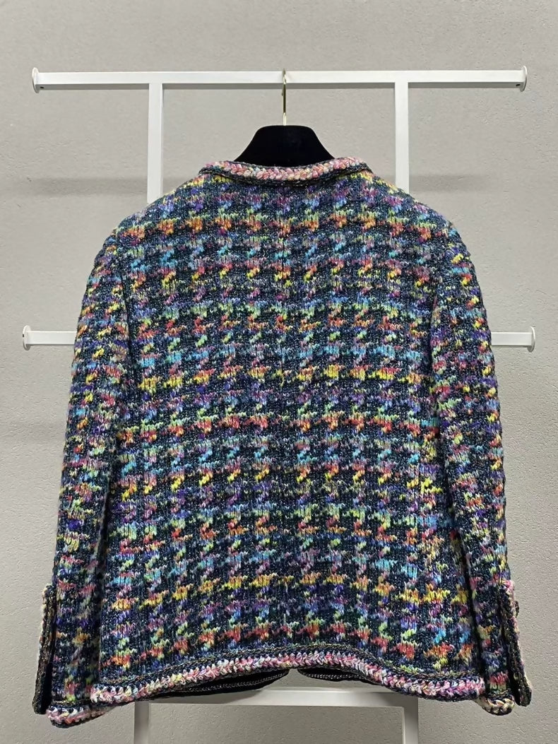 Chanel 2022 Blue Pink Houndstooth Tweed Jacket