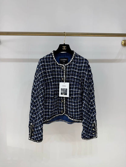 Chanel 23P blue and white checked tweed jacket