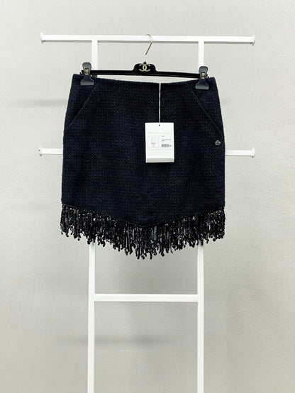 Chanel 22C Black Tweed Sequined Tassel Skirt