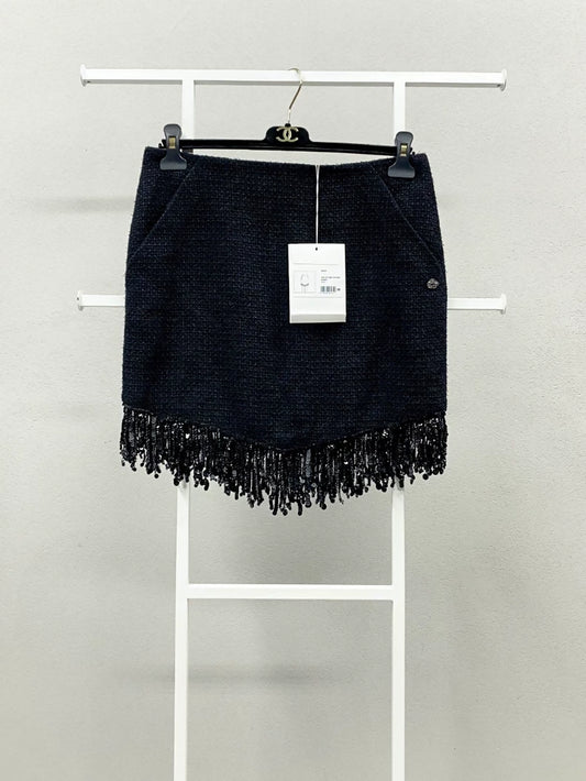 Chanel 22C Black Tweed Sequined Tassel Skirt