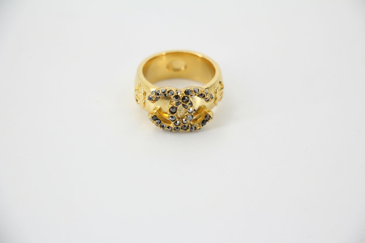 Chanel Vintage Rhinestone Gold-Tone Black CC Logo Ring
