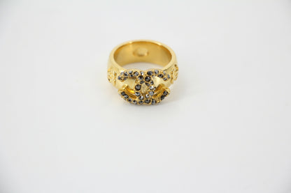 Chanel Vintage Rhinestone Gold-Tone Black CC Logo Ring