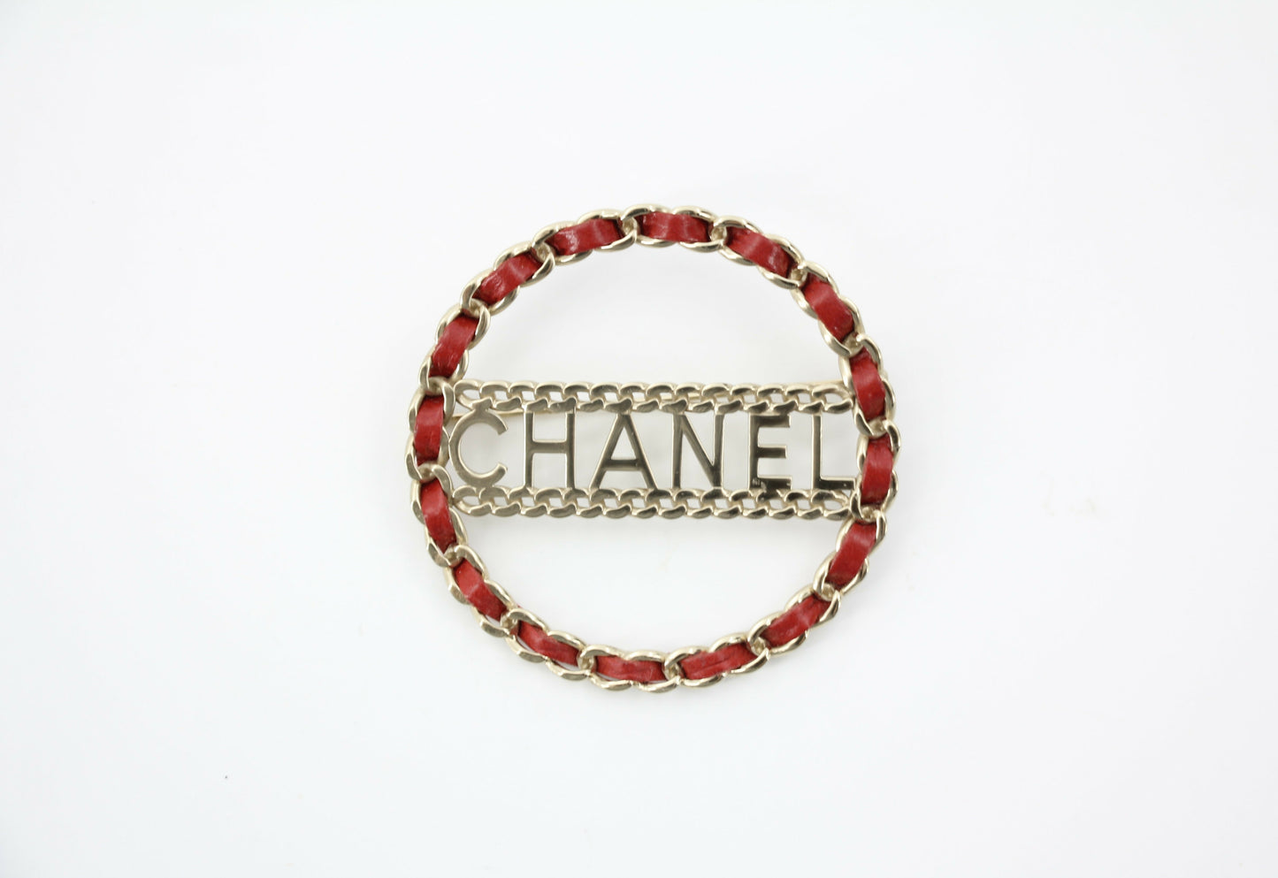 Chanel B18K Leather Red Metal Round Brooch