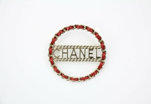 Chanel B18K Leather Red Metal Round Brooch