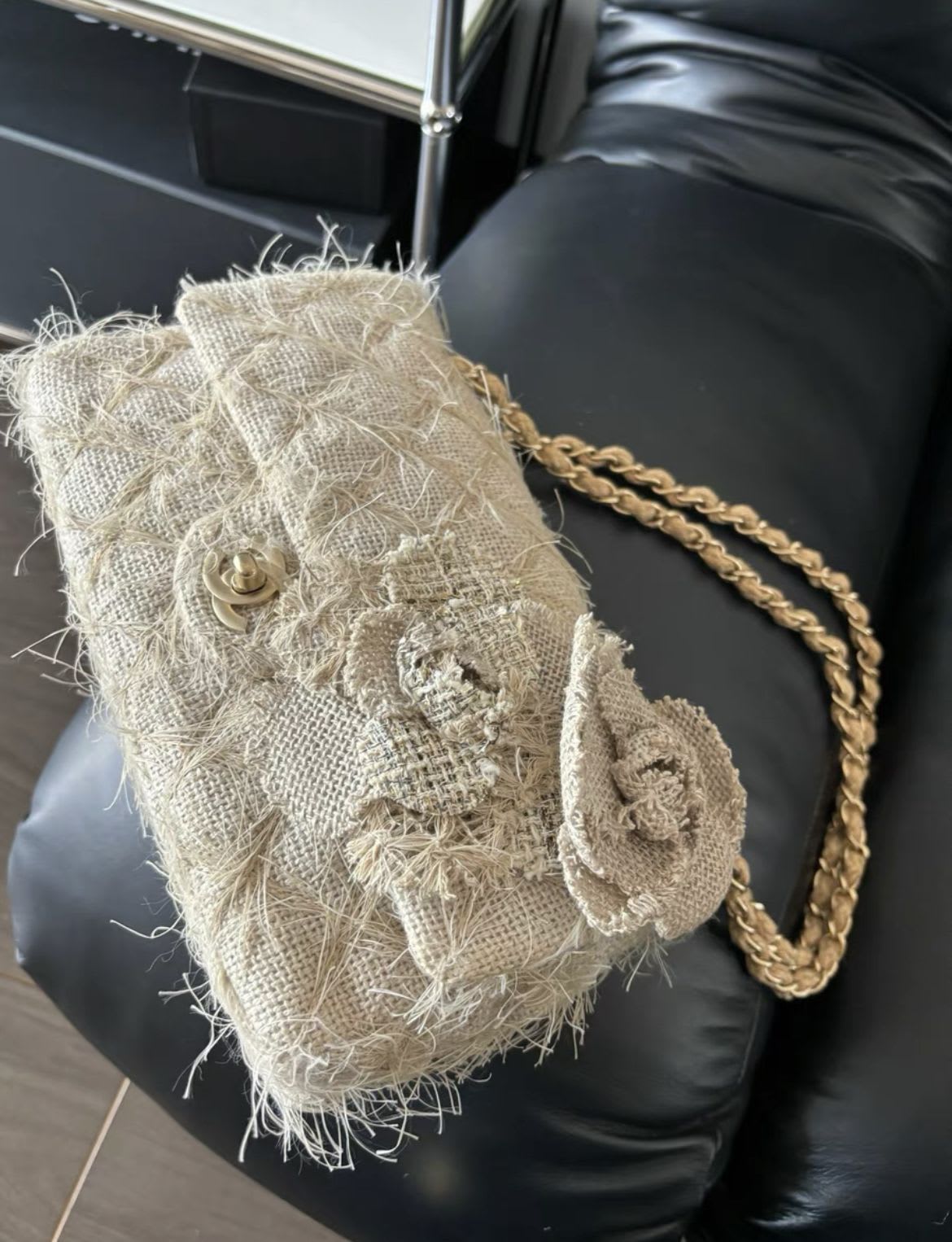 Chanel Camellia Linen Matelasse Chain Flap Bag