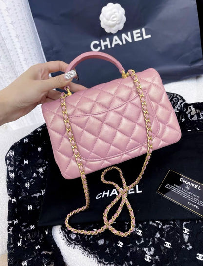 Chanel Mini Rectangular Flap Bag with Top Handle Pink Iridescent Lambskin Antique Gold Hardware