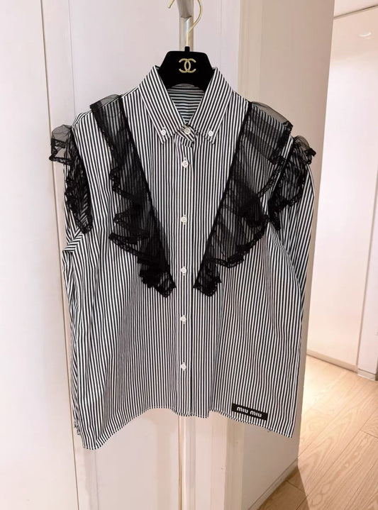 MIU MIU Miu Miu black and white striped lace shirt - Medium Shirt - Vintage fashion from Wararni