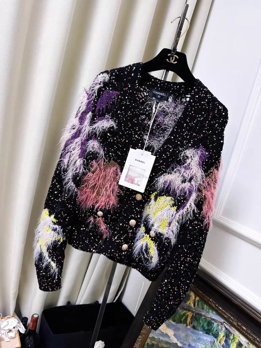 Chanel 24C black sequinned with colorful feathers