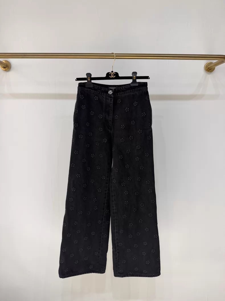 Chanel 23K Black Embossed Camellia Straight Leg Jeans