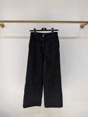 Chanel 23K Black Embossed Camellia Straight Leg Jeans
