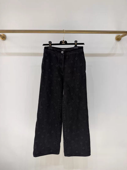 Chanel 23K Black Embossed Camellia Straight Leg Jeans