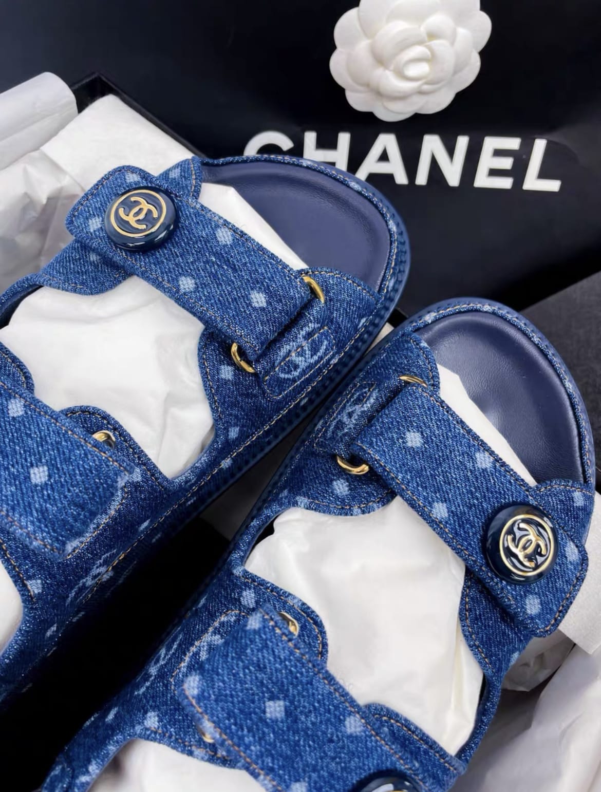 Chanel 23p denim blue double C polka dot Velcro dad sandals