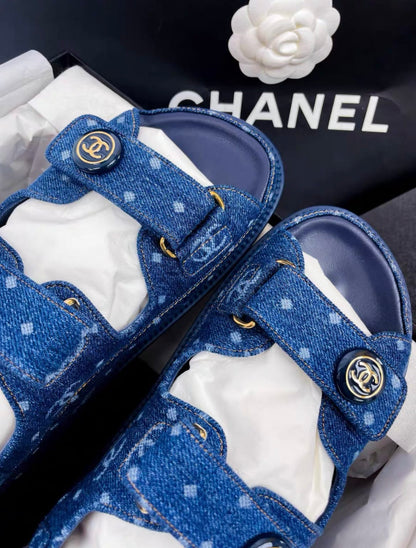 Chanel 23p denim blue double C polka dot Velcro dad sandals