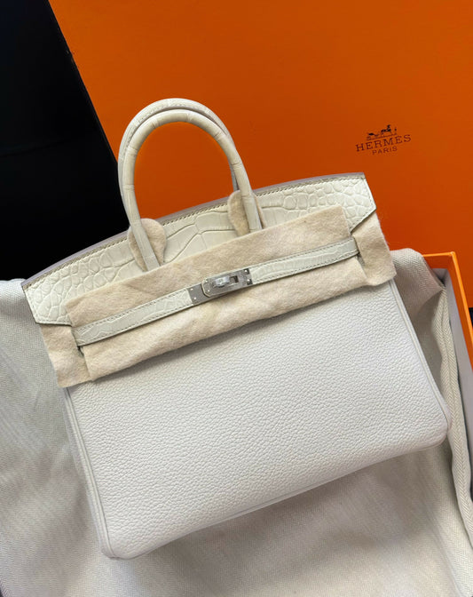 Hermès Birkin 25 Bleu Glacier Togo Leather & Matte Alligator Touch with Palladium Hardware