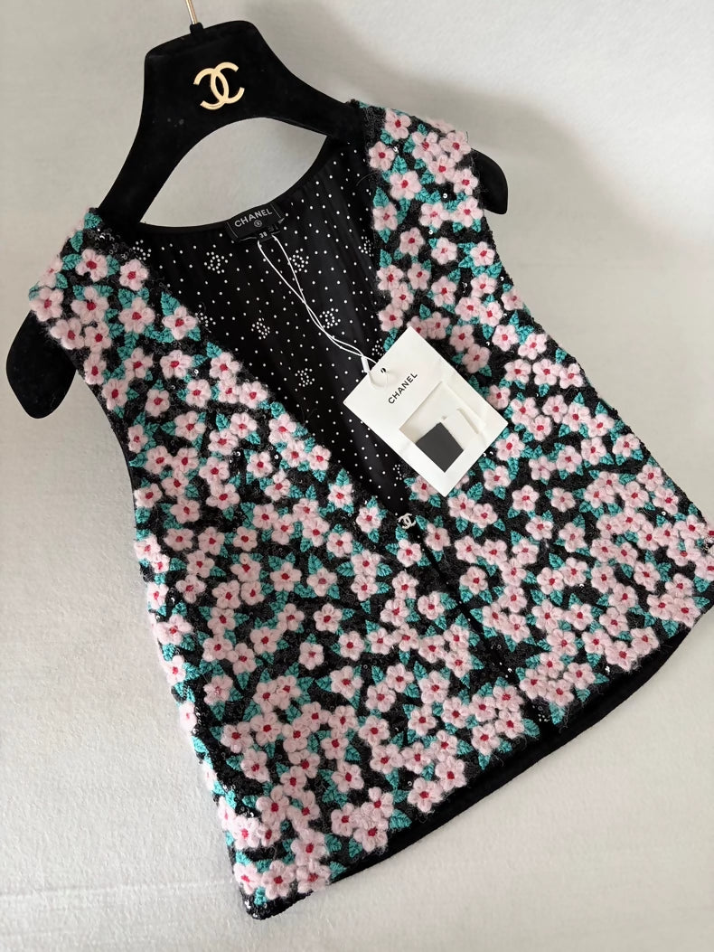 Chanel 24B Pink Floral Embroidered Vest