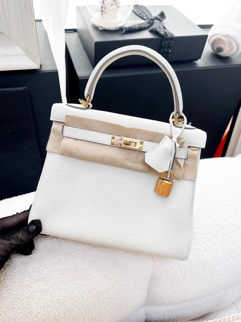 Hermes Kelly 25 mushroom white togo leather gold hardware