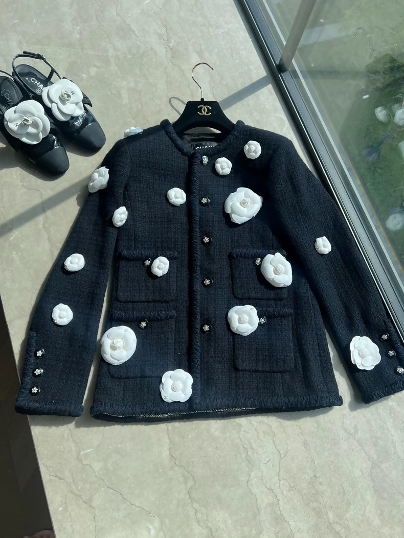 Chanel 23k black tweed white camelia jacket