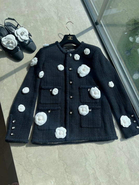 Chanel 23k black tweed white camelia jacket
