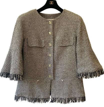 Chanel 18P Black White Tweed Fringe Jacket FR 44