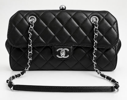 Rare Chanel Classic Black CC Kisslock Lambskin Frame Compartment Timeless Bag