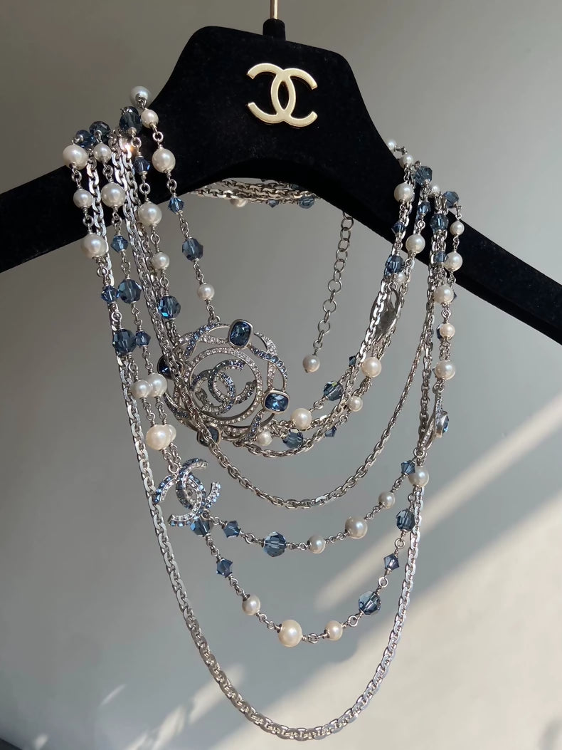 Chanel 2019 Blue Crystal Multi-Layer Pearl Sweater Necklace