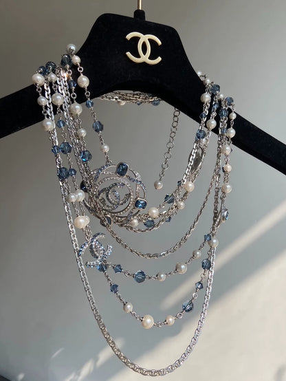 Chanel 2019 Blue Crystal Multi-Layer Pearl Sweater Necklace